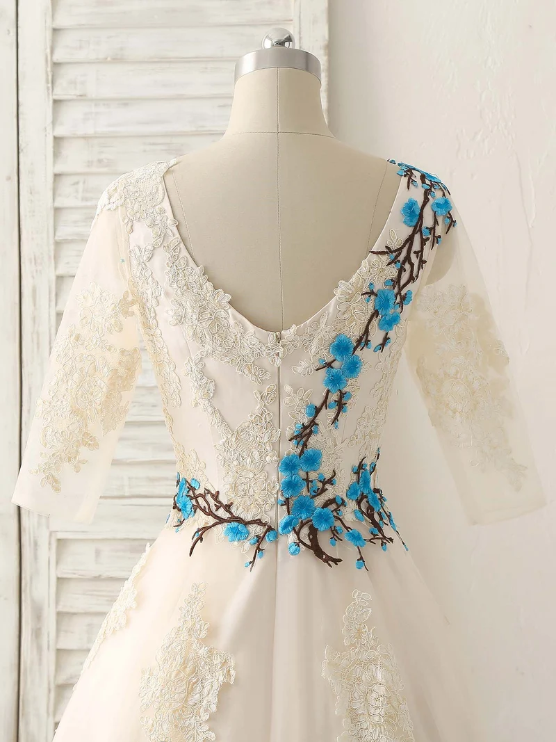 Robe de bal longue élégante en tulle et dentelle avec appliques, couleur champagne clair, pour demoiselle d'honneur