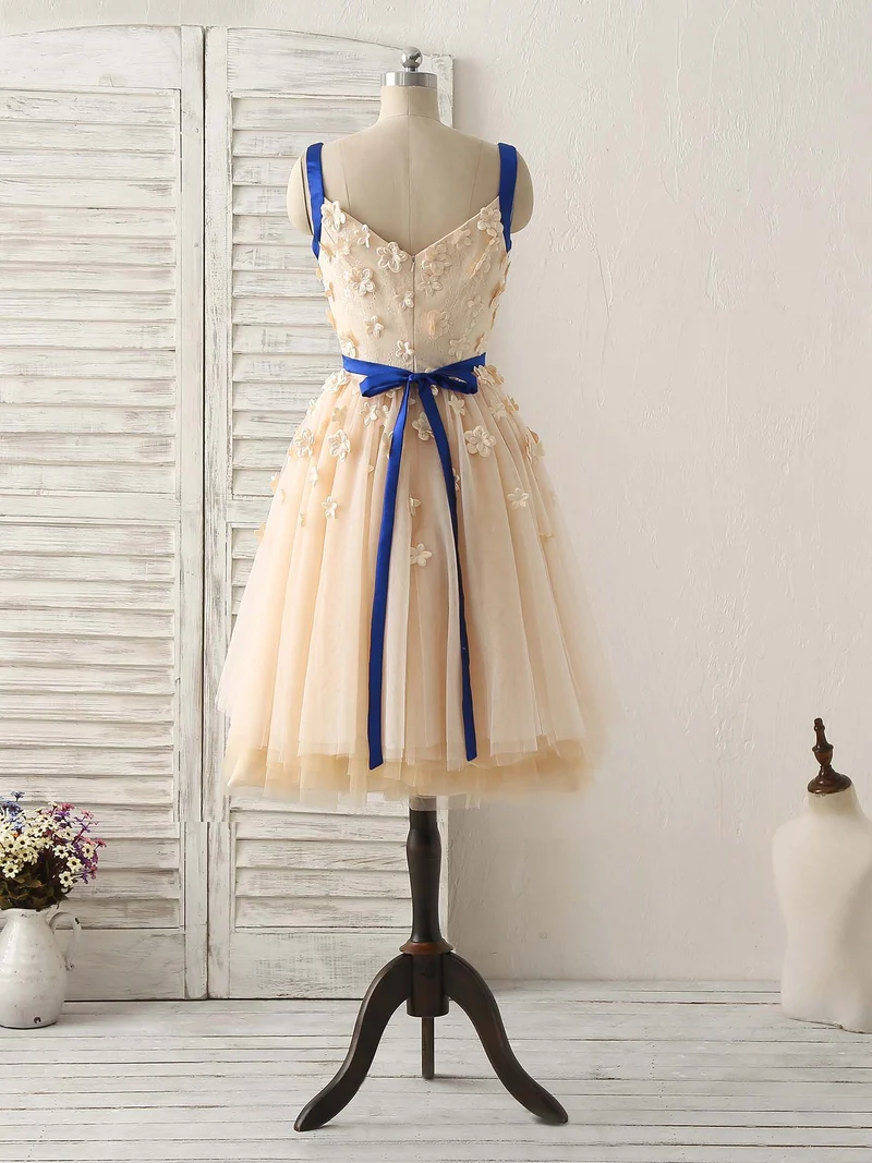 Robe de bal courte élégante en tulle champagne avec appliques, robe de demoiselle d'honneur