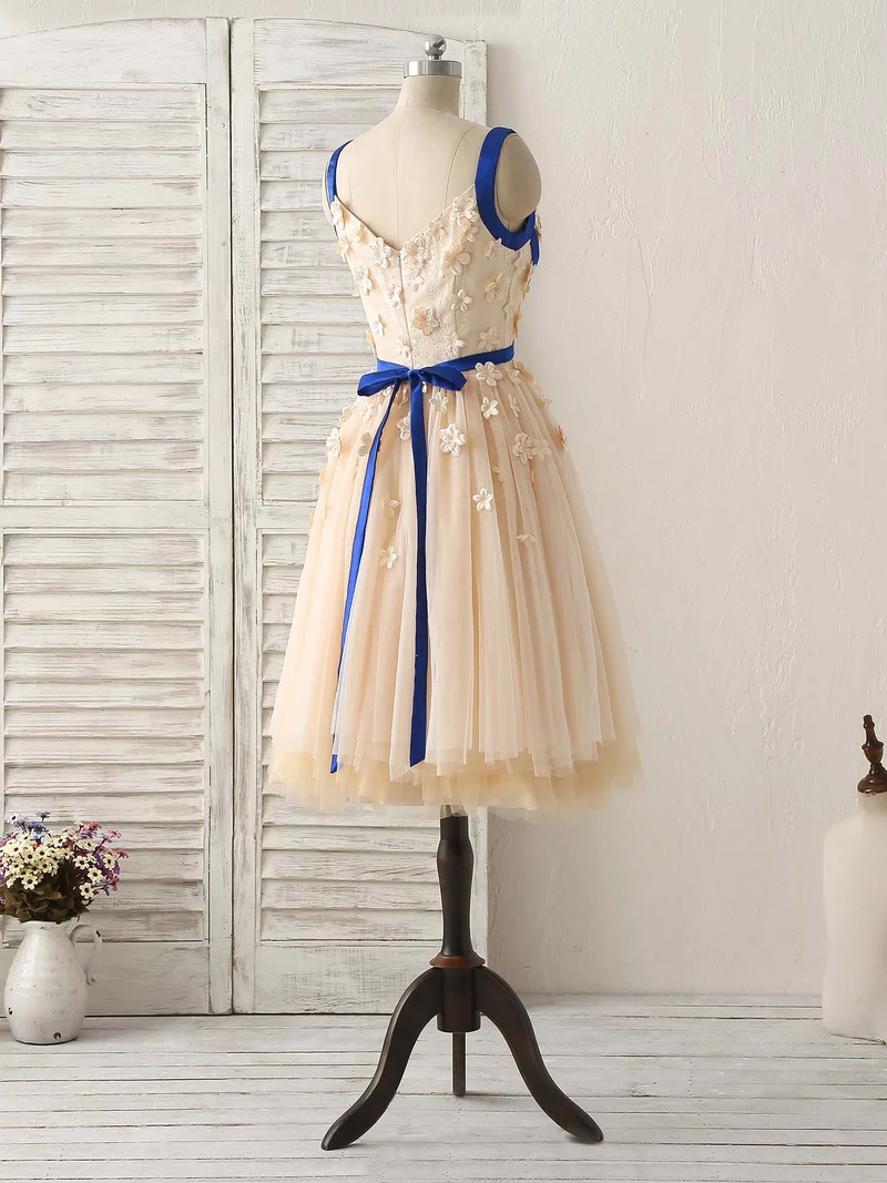Robe de bal courte élégante en tulle champagne avec appliques, robe de demoiselle d'honneur