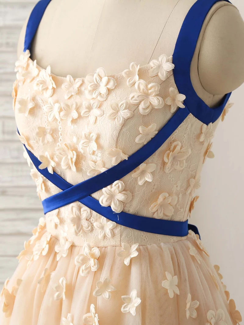 Robe de bal courte élégante en tulle champagne avec appliques, robe de demoiselle d'honneur