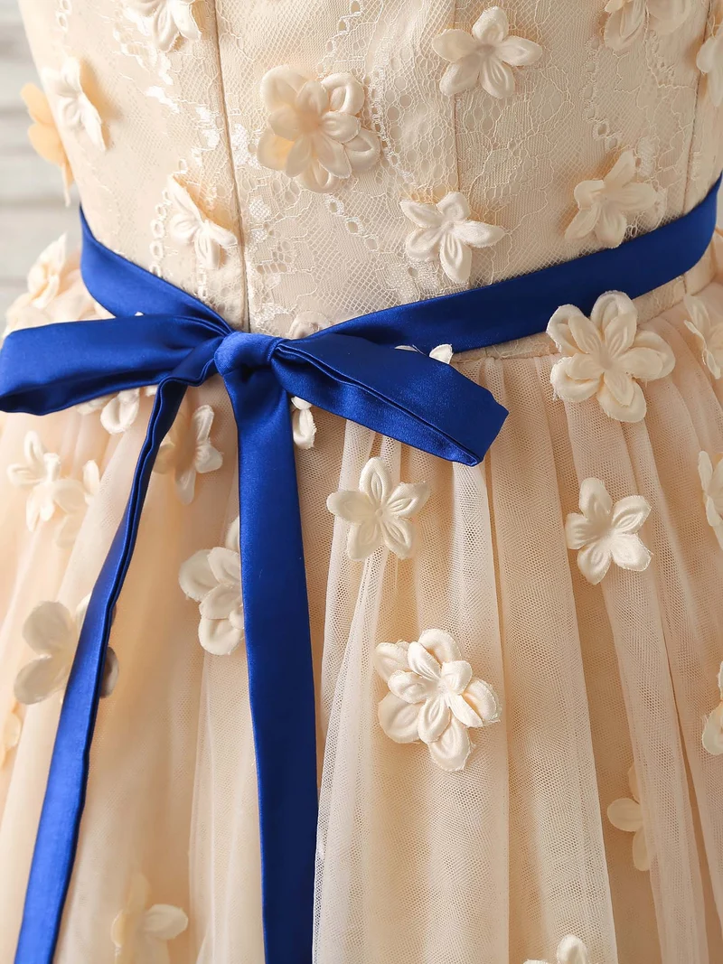 Robe de bal courte élégante en tulle champagne avec appliques, robe de demoiselle d'honneur