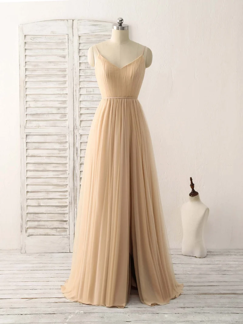 Robe de bal longue élégante en tulle et mousseline à col en V, robe de demoiselle d'honneur couleur champagne