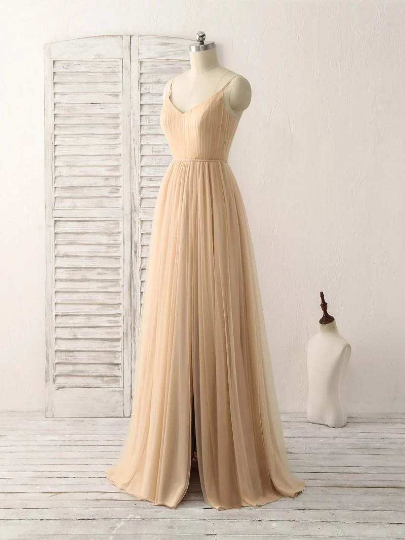 Robe de bal longue élégante en tulle et mousseline à col en V, robe de demoiselle d'honneur couleur champagne