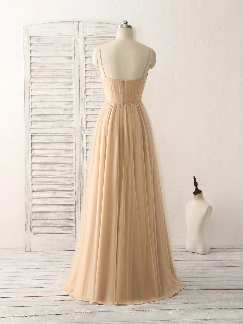Robe de bal longue élégante en tulle et mousseline à col en V, robe de demoiselle d'honneur couleur champagne