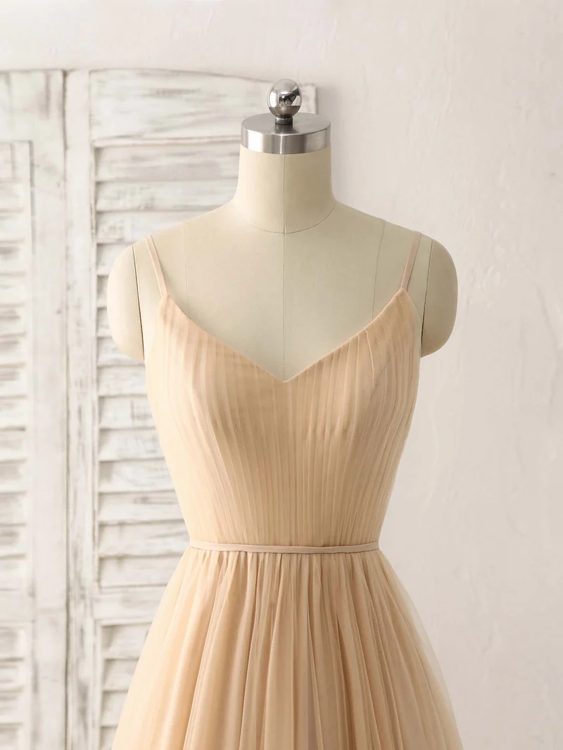 Robe de bal longue élégante en tulle et mousseline à col en V, robe de demoiselle d'honneur couleur champagne