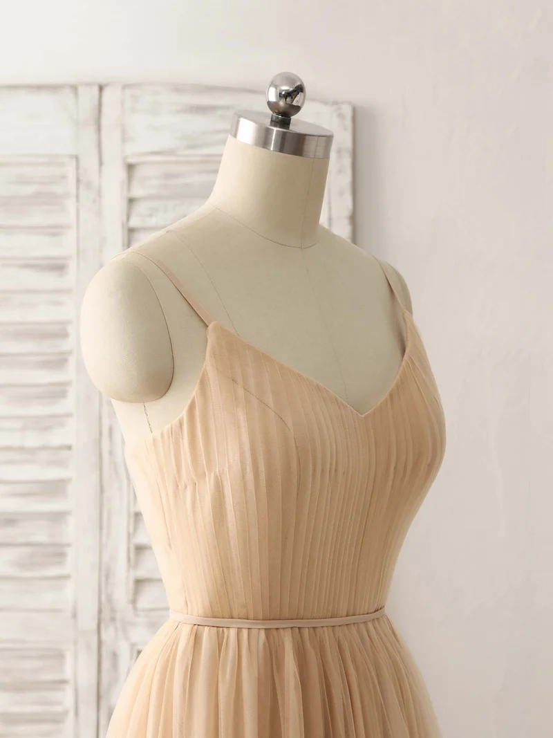 Robe de bal longue élégante en tulle et mousseline à col en V, robe de demoiselle d'honneur couleur champagne