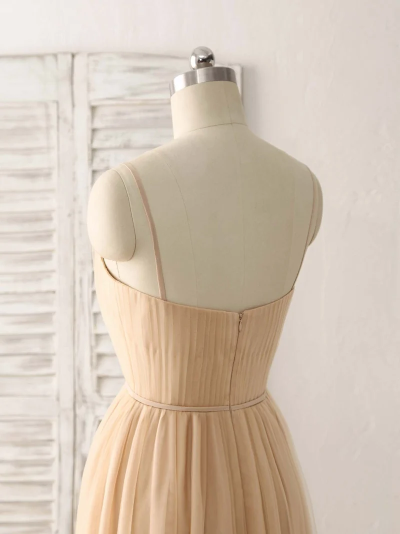 Robe de bal longue élégante en tulle et mousseline à col en V, robe de demoiselle d'honneur couleur champagne