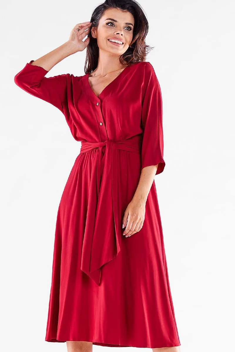 Robe midi rouge manches 3/4