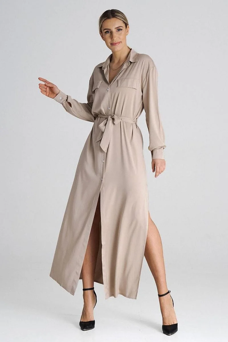 Robe chemise beige longue manche longue