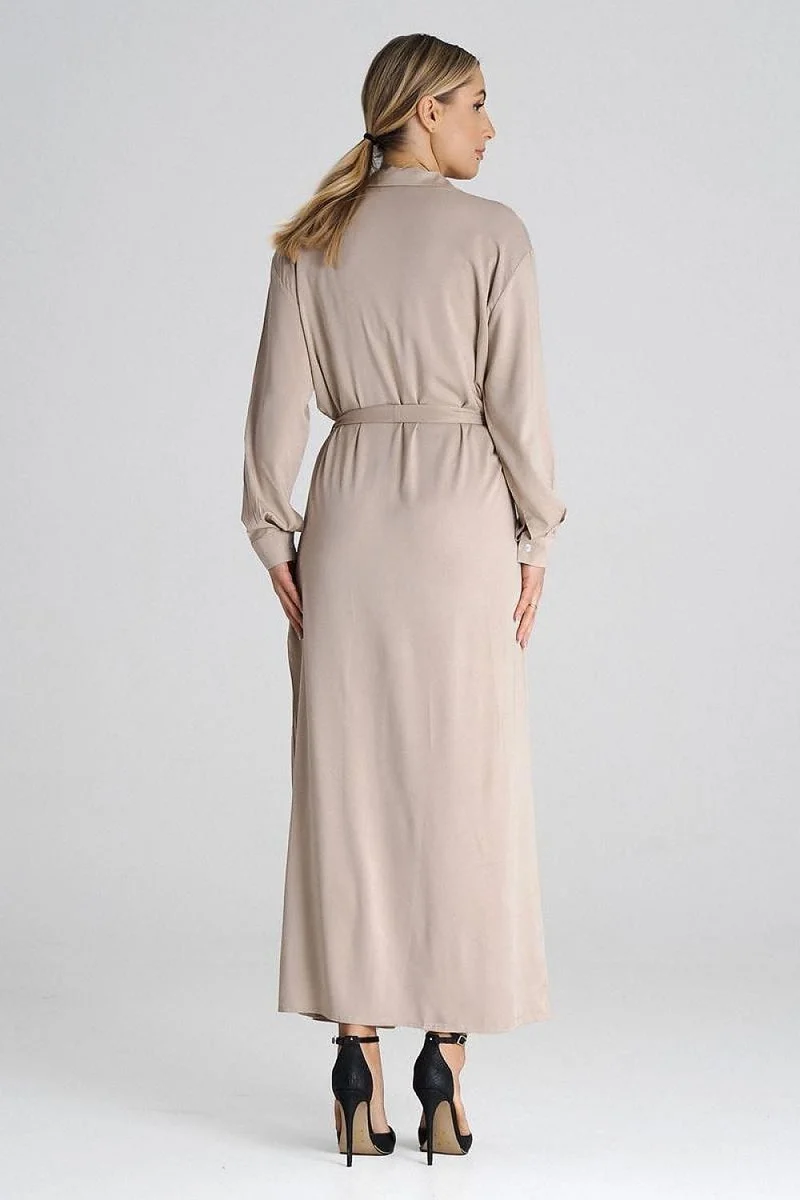 Robe chemise beige longue manche longue