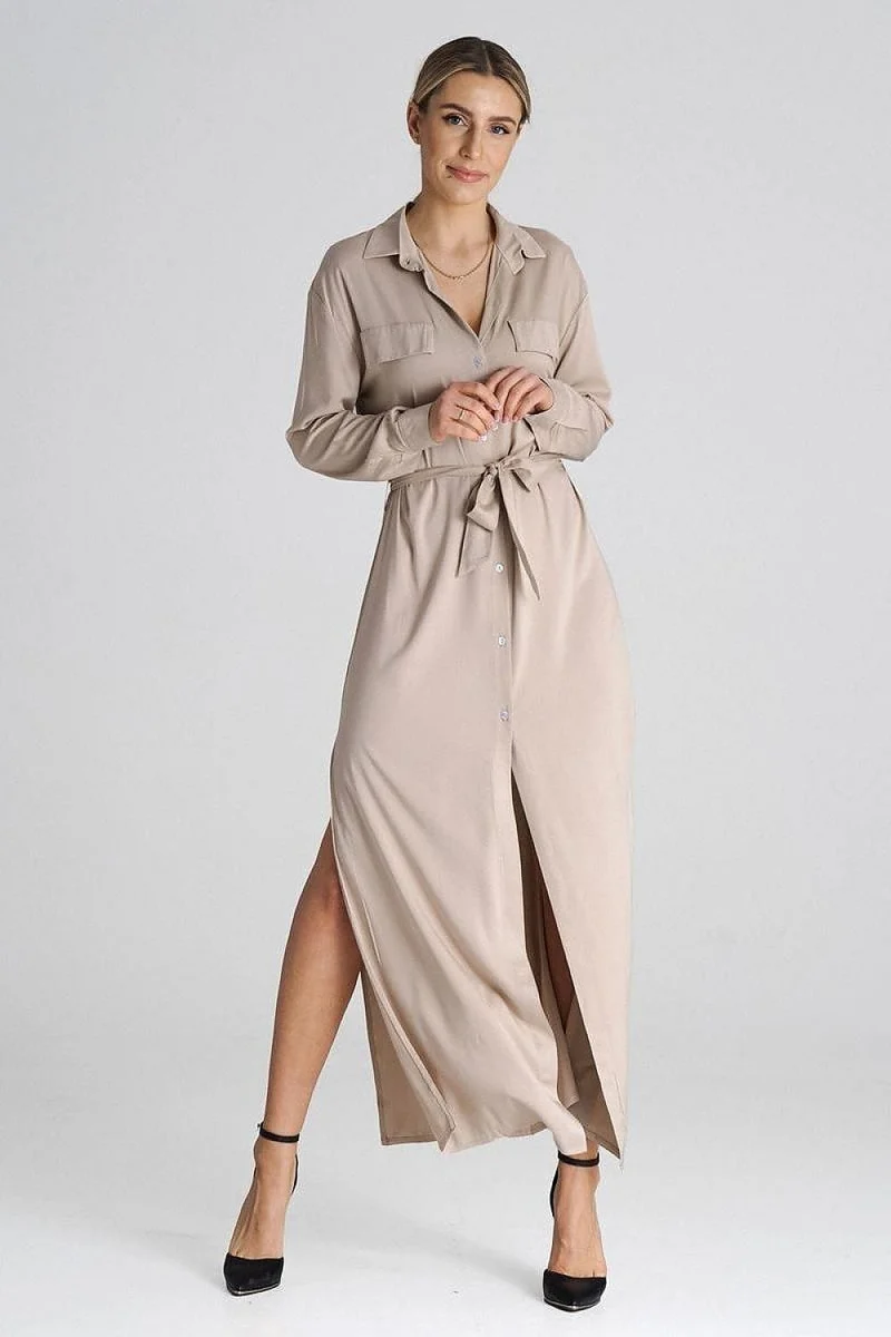 Robe chemise beige longue manche longue