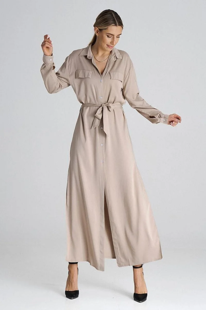 Robe chemise beige longue manche longue