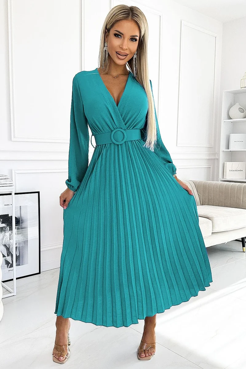 Robe plissée midi turquoise à manches longues