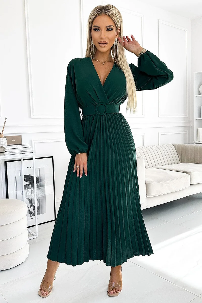 Robe midi plissée verte manches longues et large ceinture