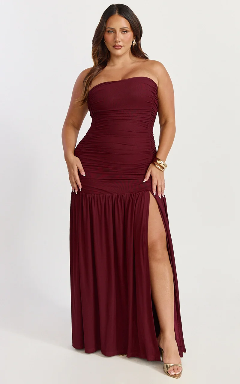 Lara Maxi Dress - Strapless Ruched Mesh High Leg Split Dress in Wine