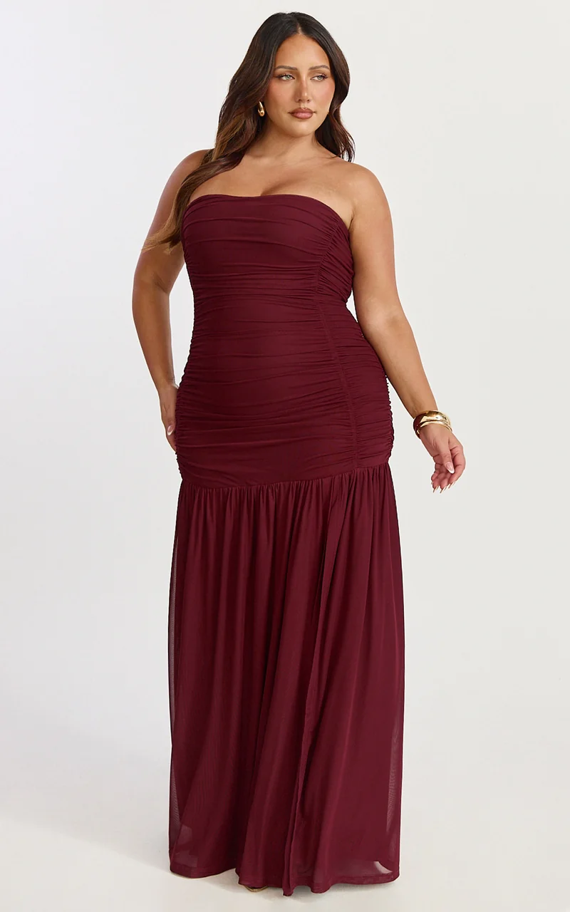 Lara Maxi Dress - Strapless Ruched Mesh High Leg Split Dress in Wine
