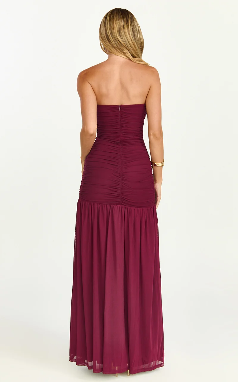Lara Maxi Dress - Strapless Ruched Mesh High Leg Split Dress in Wine