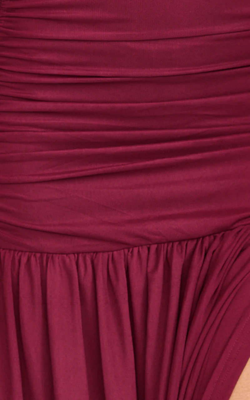 Lara Maxi Dress - Strapless Ruched Mesh High Leg Split Dress in Wine