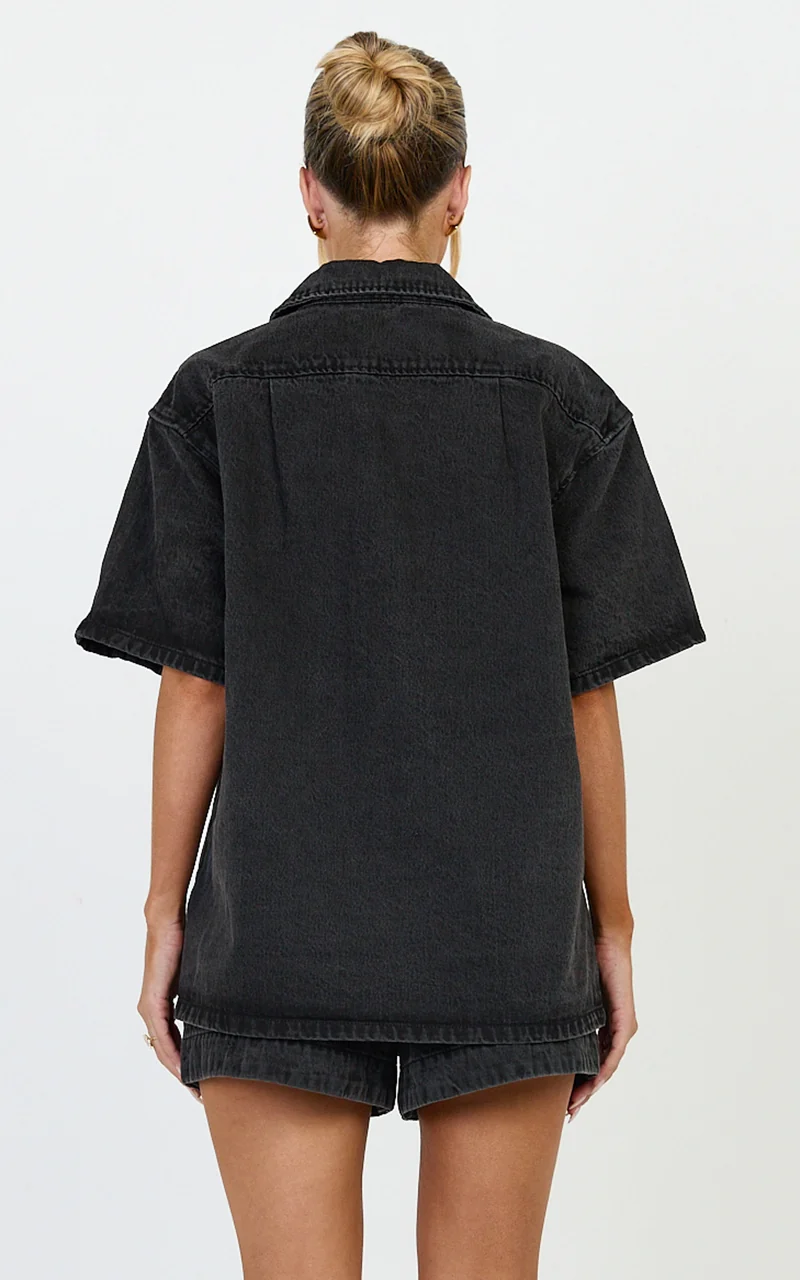 Iris Top - Oversized Recycled Denim Short Sleeve Shirt in Black