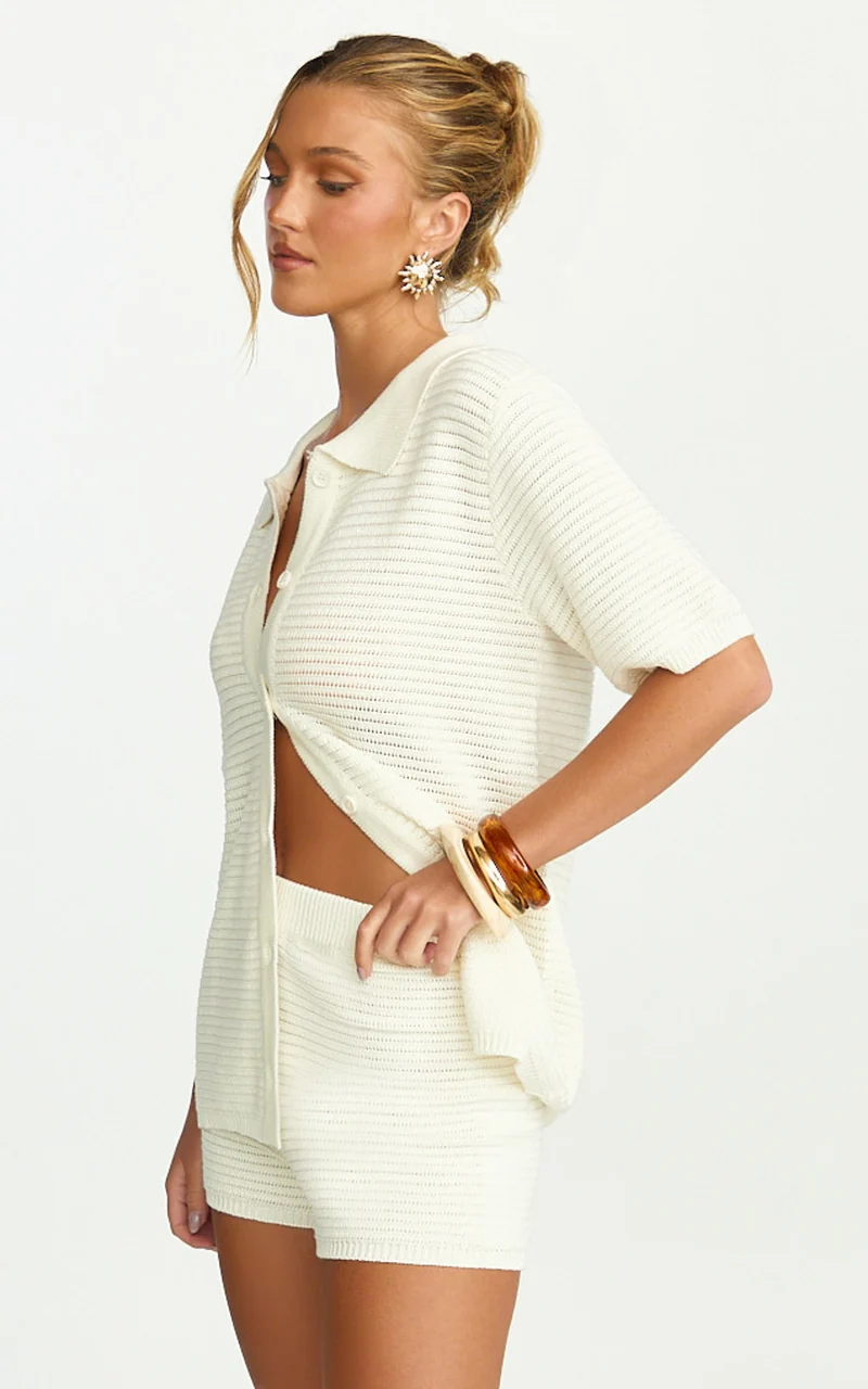 Vivi Two Piece Top and Shorts Set - Crochet Shirt and Shorts Set in Cream