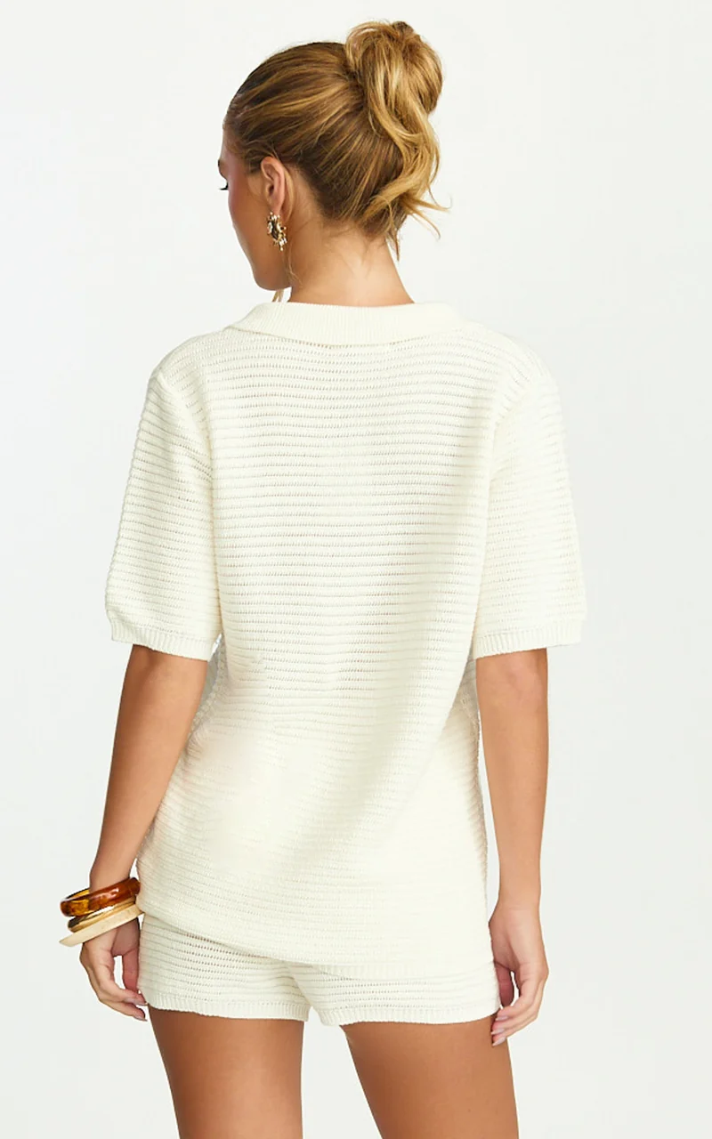 Vivi Two Piece Top and Shorts Set - Crochet Shirt and Shorts Set in Cream