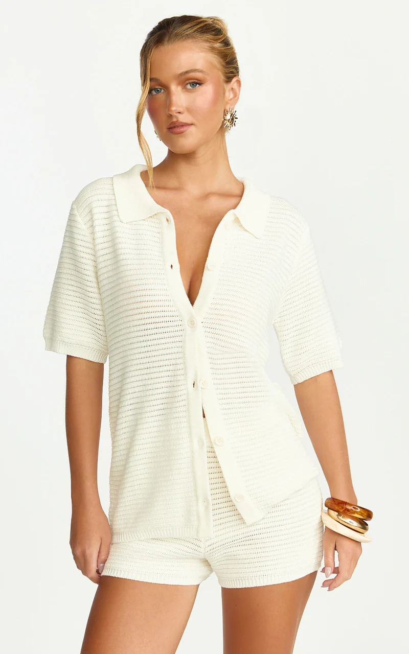 Vivi Two Piece Top and Shorts Set - Crochet Shirt and Shorts Set in Cream