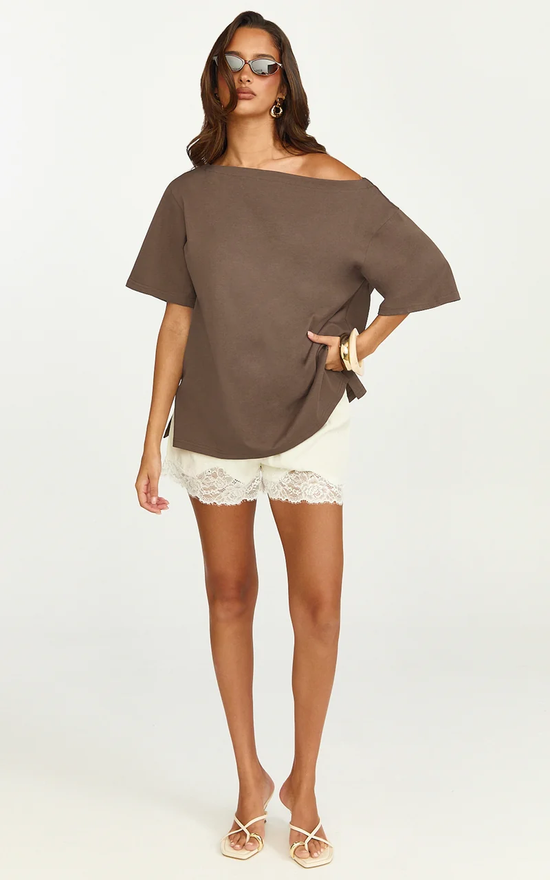 Ruby Top - Off Shoulder Asymmetrical T-shirt in Chocolate