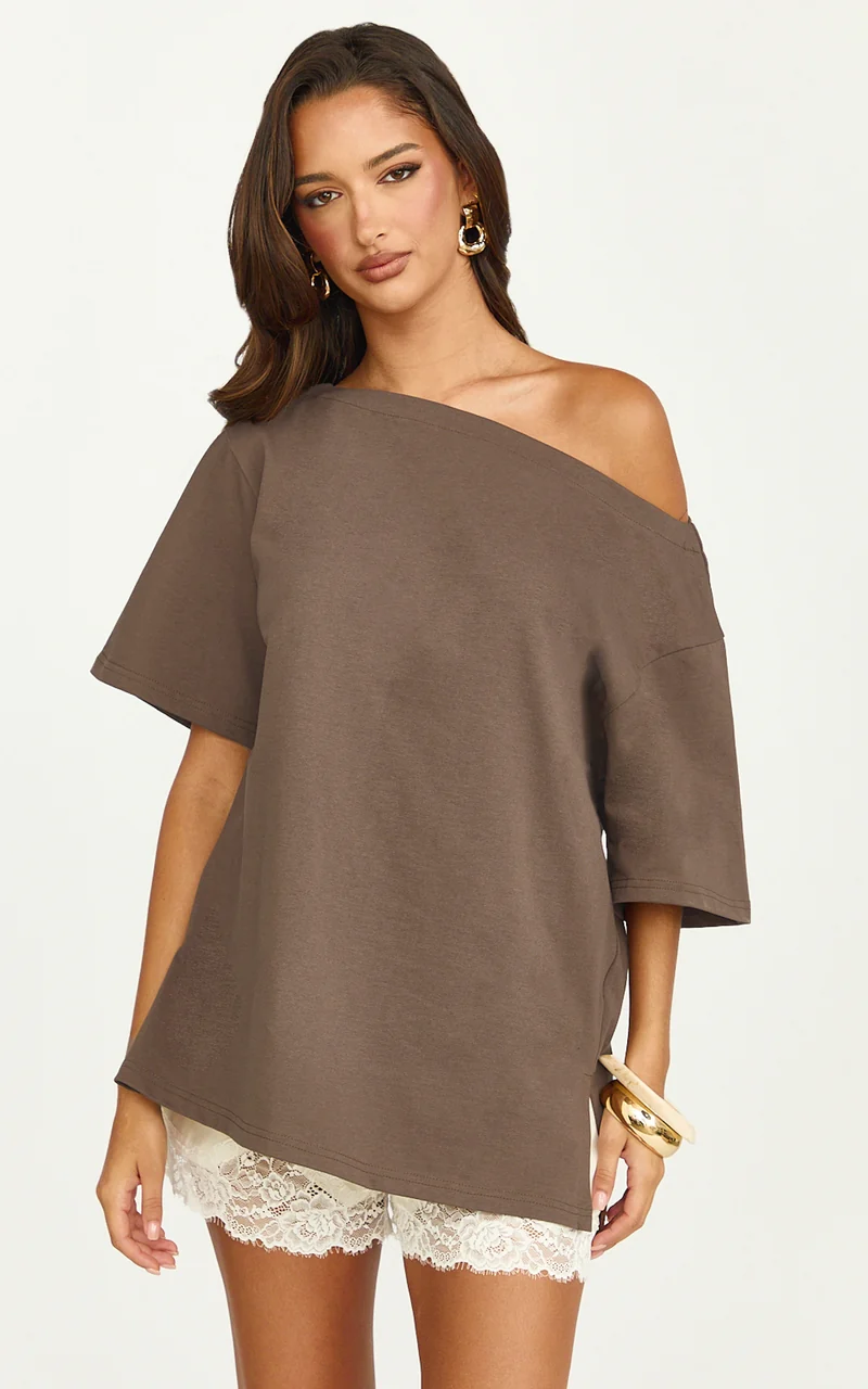 Ruby Top - Off Shoulder Asymmetrical T-shirt in Chocolate