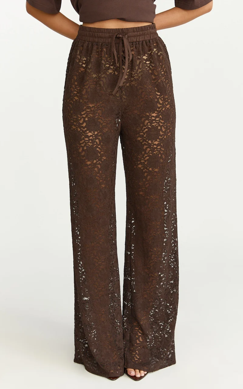 Roxy Pants - High Waist Lace Relaxed Drawstring Pants in Chocolate