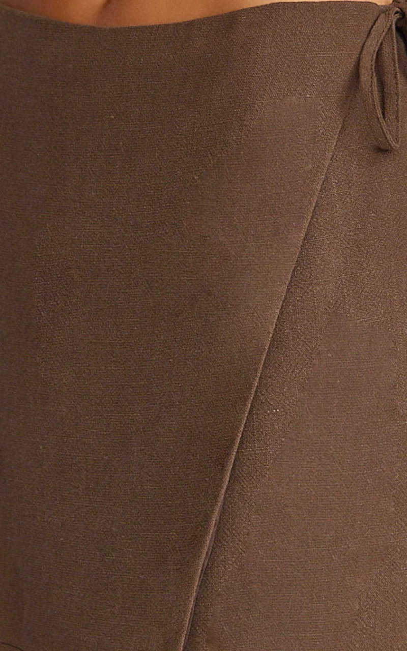 Griffin Mini Skirt - Tie Side Linen Blend Skirt in Chocolate