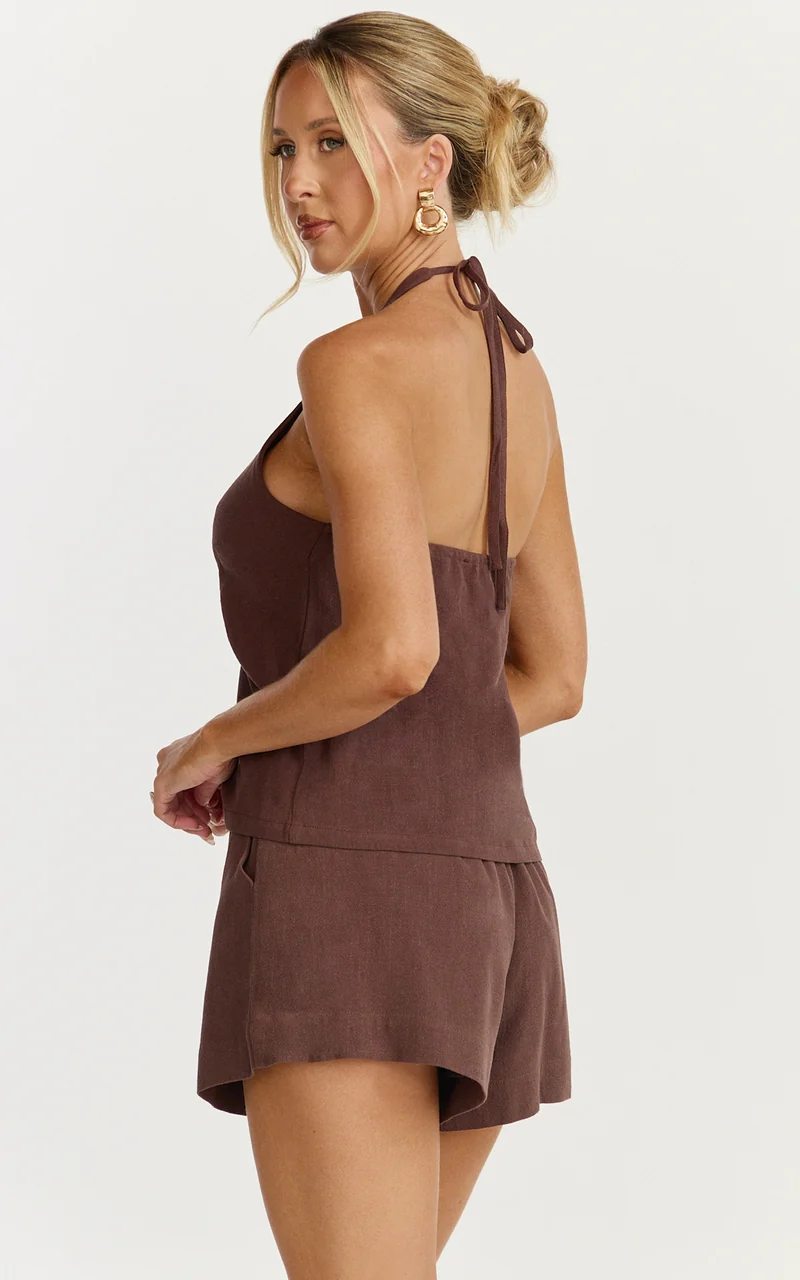 Griffin Top - Front Twist Halter Neck Top in Chocolate