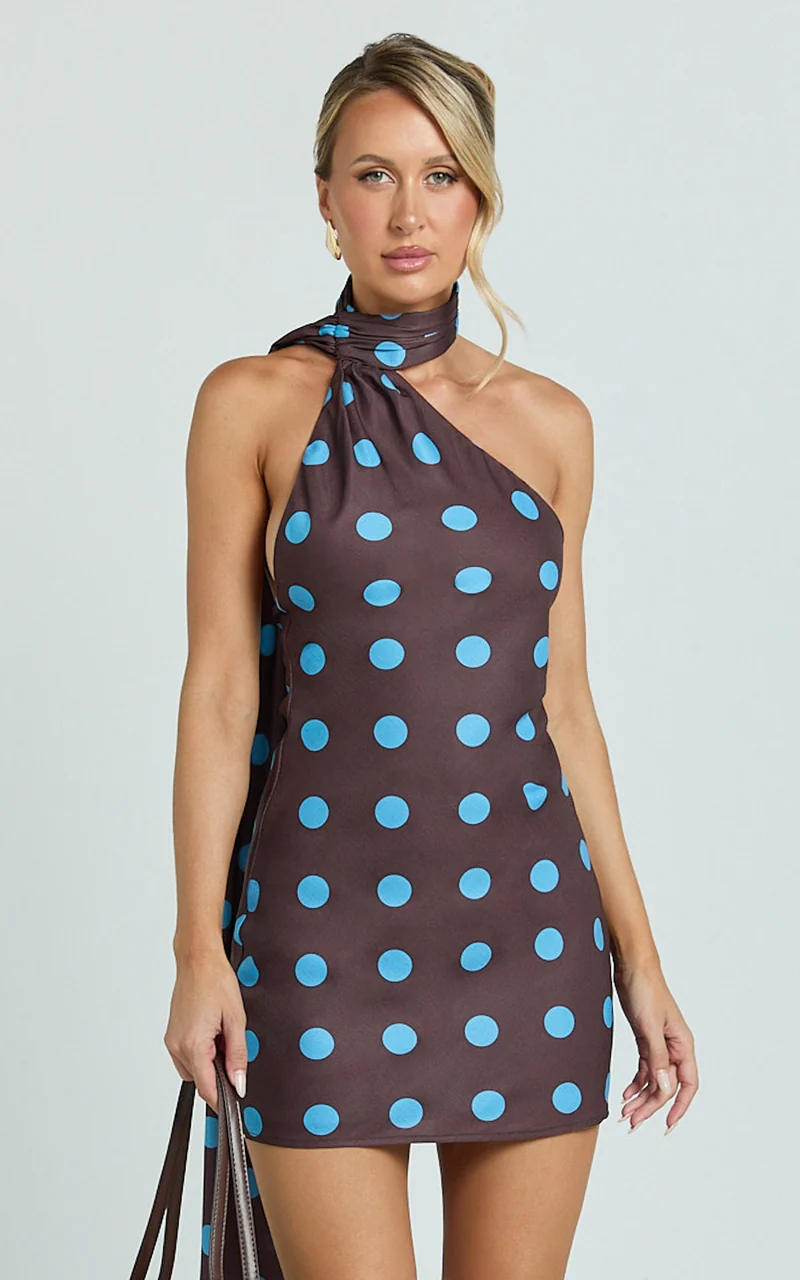Maddox Mini Dress - Scarf Neck Low Tie Back Slip Dress in Polka Dot Print