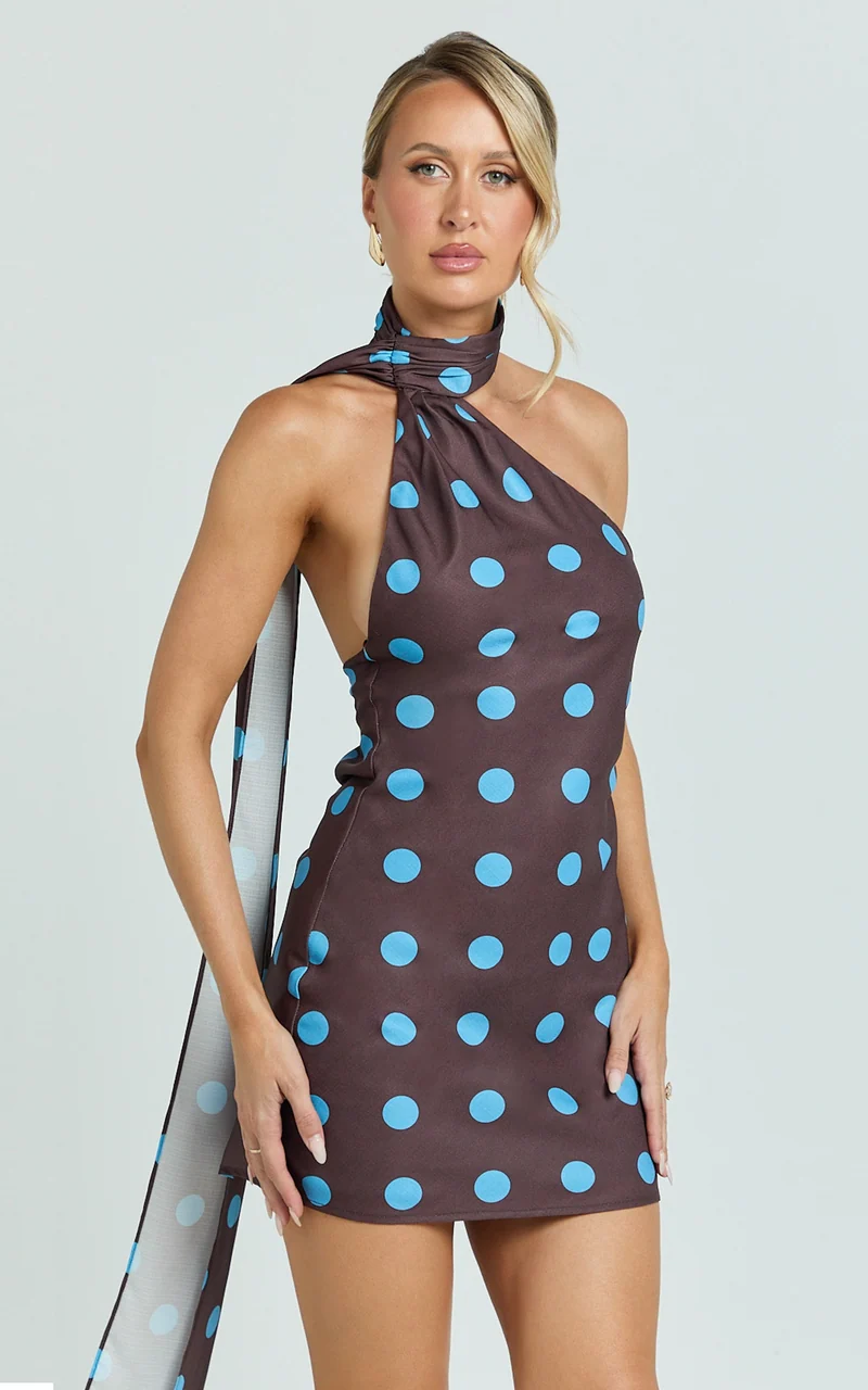 Maddox Mini Dress - Scarf Neck Low Tie Back Slip Dress in Polka Dot Print