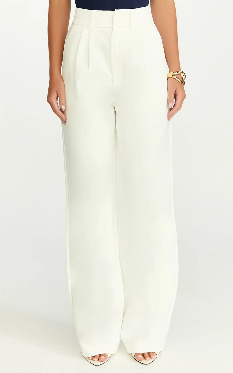 Melissa Pants - Pleat Front Wide Leg Tailored Pants in White