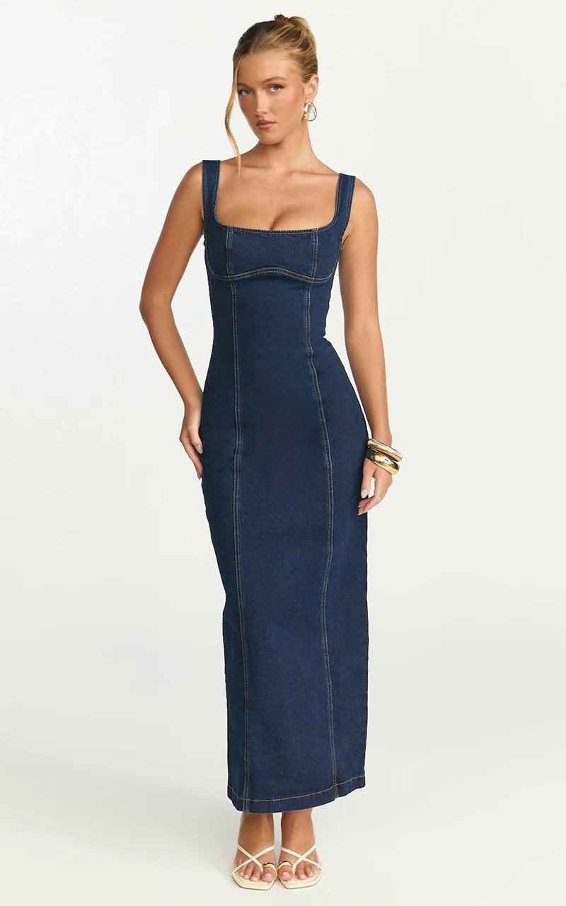 Kristie Midi Dress - Wide Neck Corset Detail Denim Dress in Dark Blue