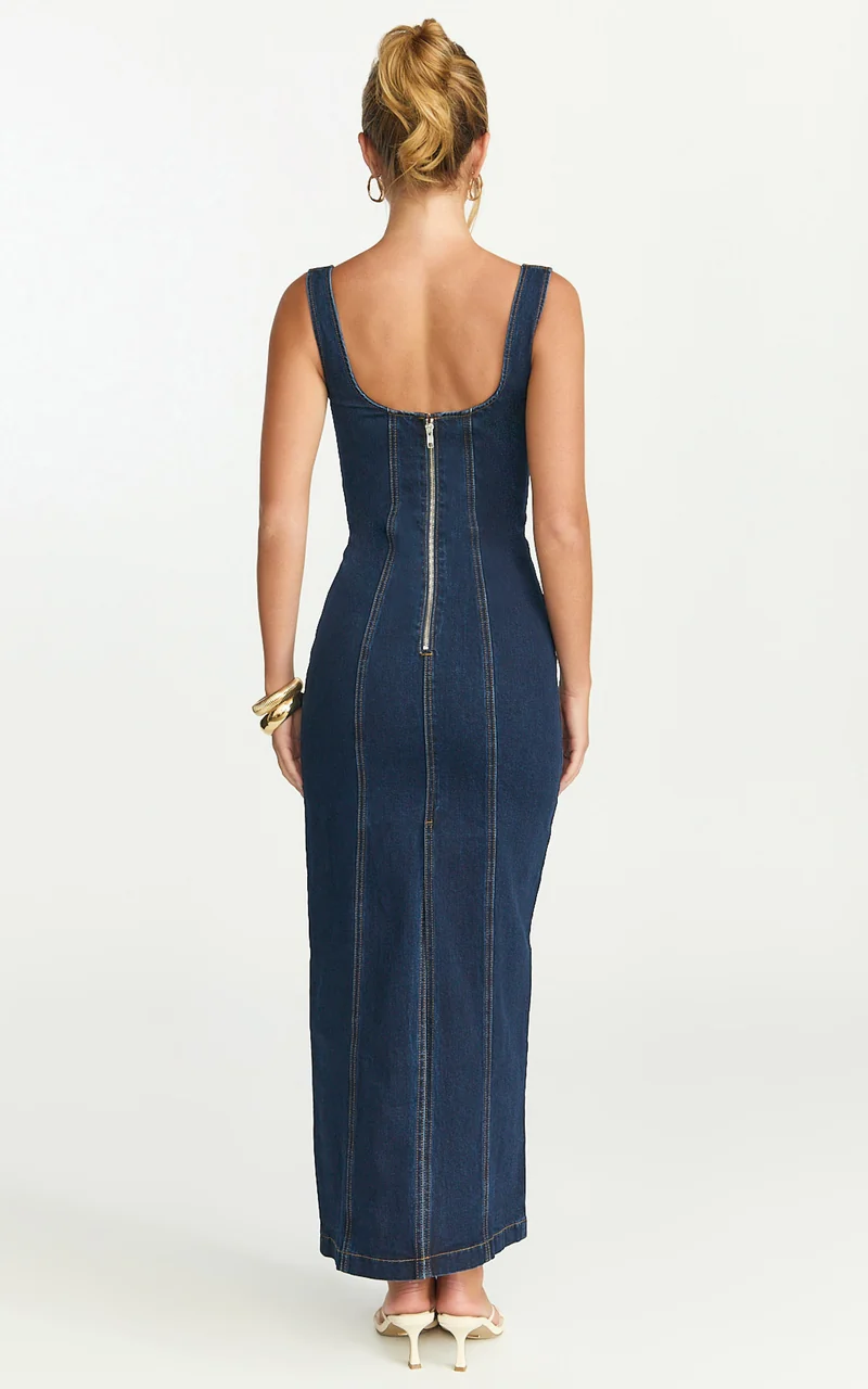 Kristie Midi Dress - Wide Neck Corset Detail Denim Dress in Dark Blue
