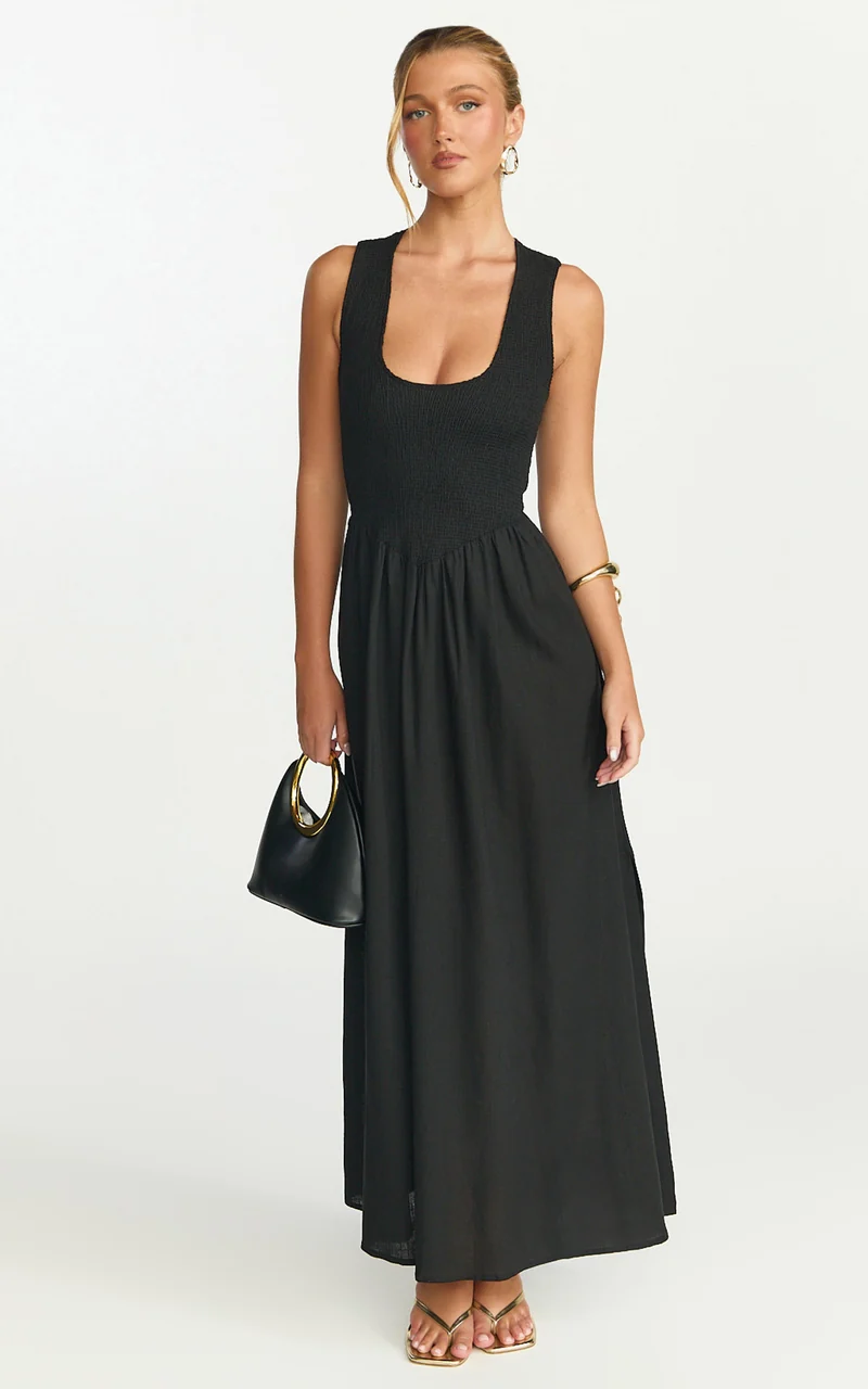 Luciana Maxi Dress - U Neck Smock Dress in Black