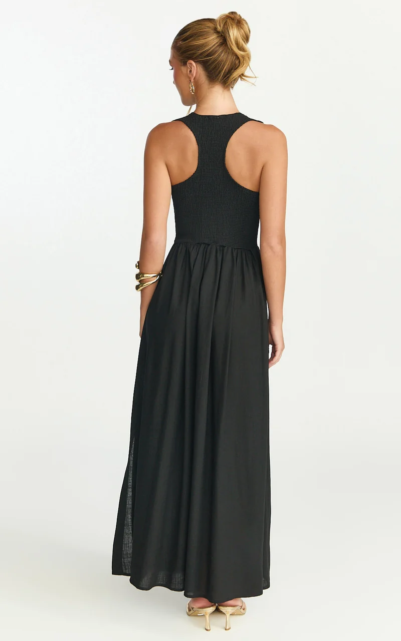 Luciana Maxi Dress - U Neck Smock Dress in Black
