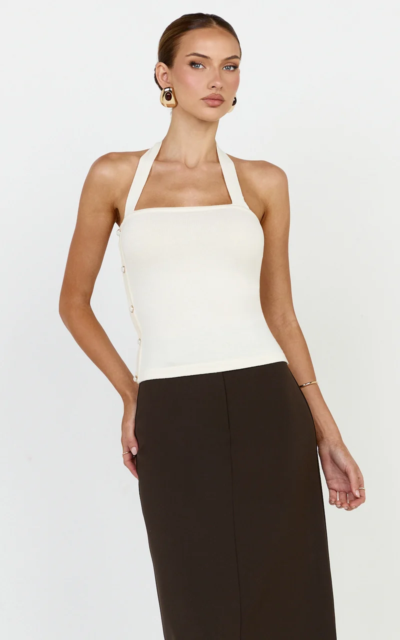 Julie Top - Tie Halter Button Detail Top in Ivory