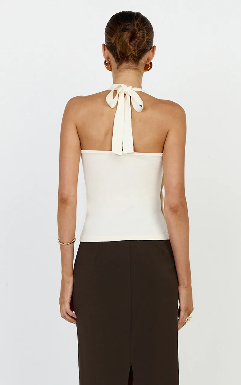 Julie Top - Tie Halter Button Detail Top in Ivory