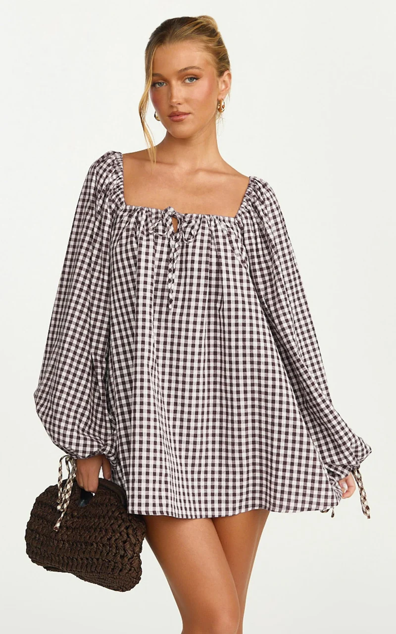 Brixton Mini Dress - Square Neck Smock Dress in Chocolate