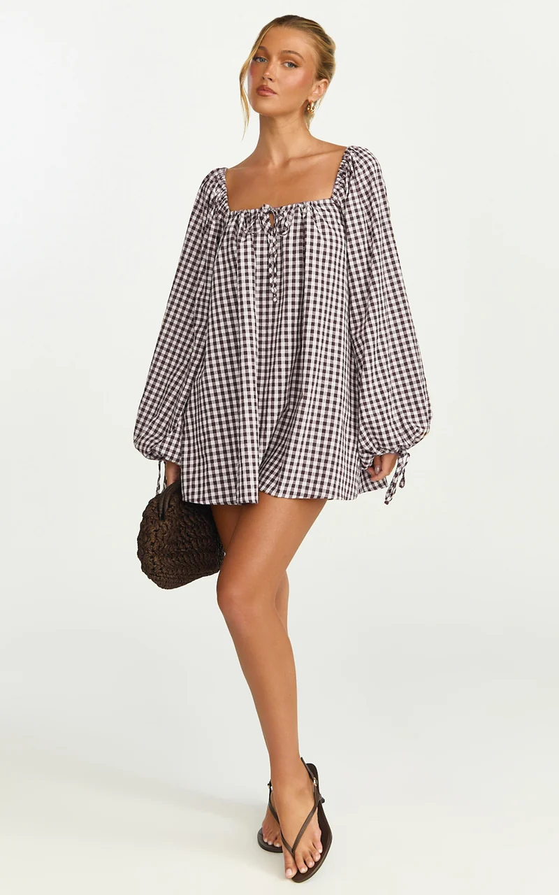 Brixton Mini Dress - Square Neck Smock Dress in Chocolate