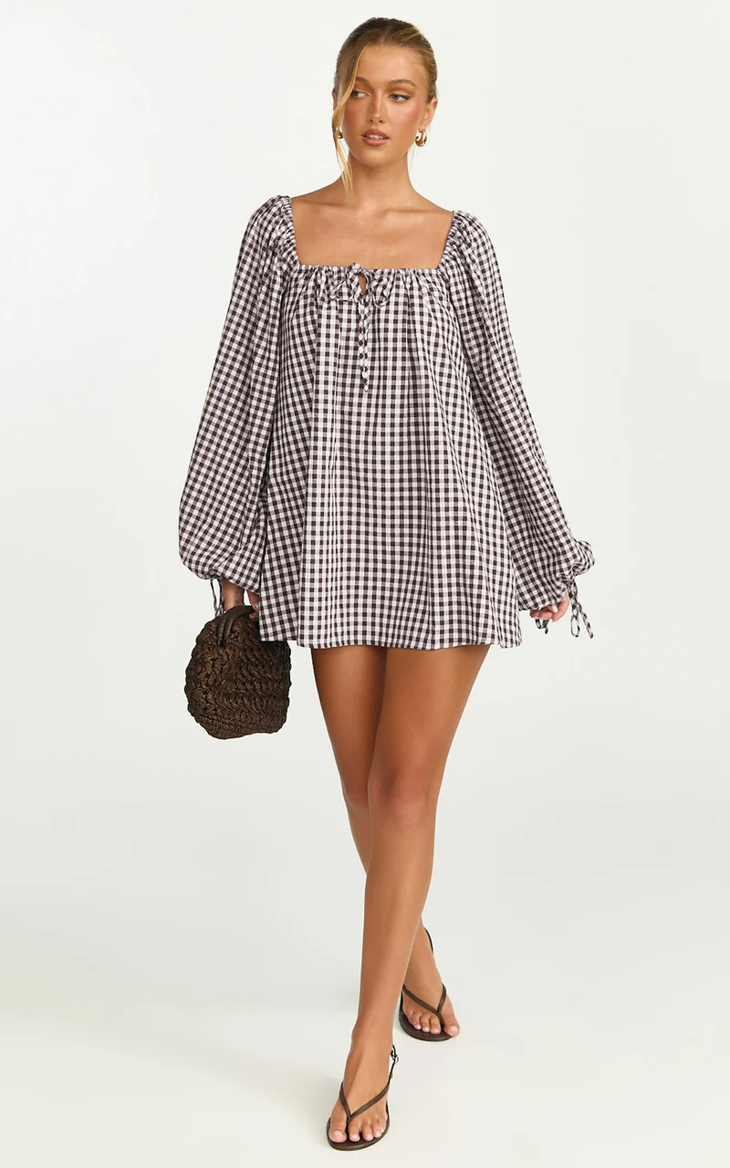 Brixton Mini Dress - Square Neck Smock Dress in Chocolate