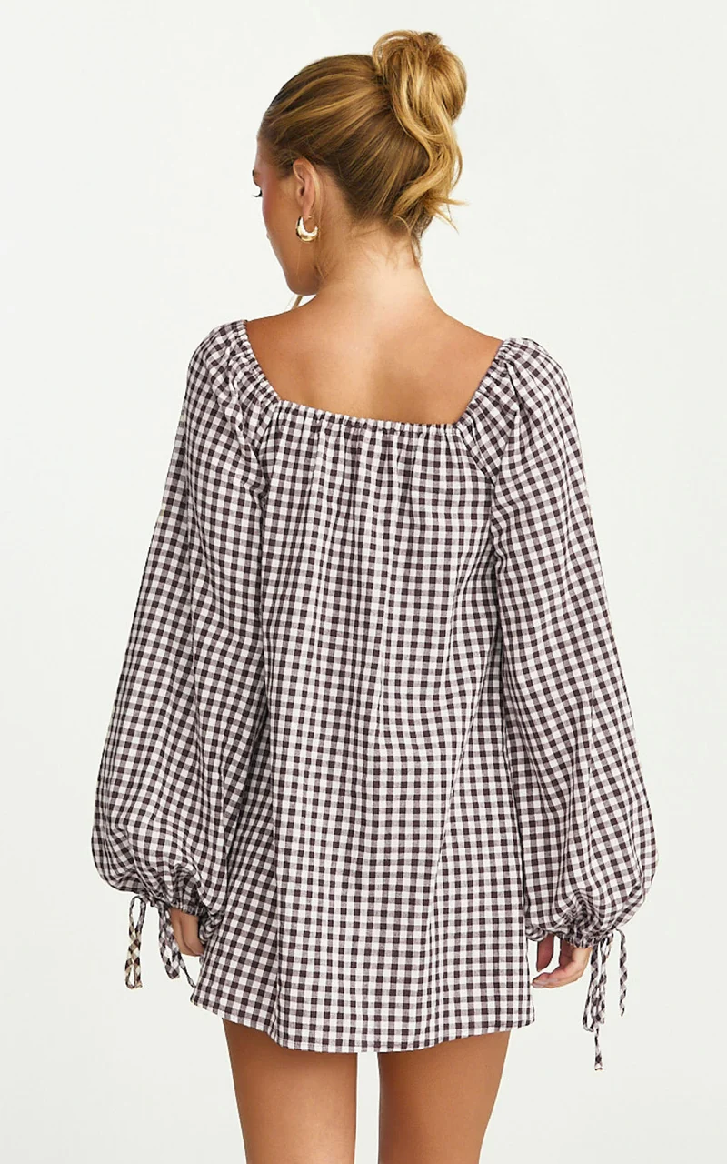 Brixton Mini Dress - Square Neck Smock Dress in Chocolate