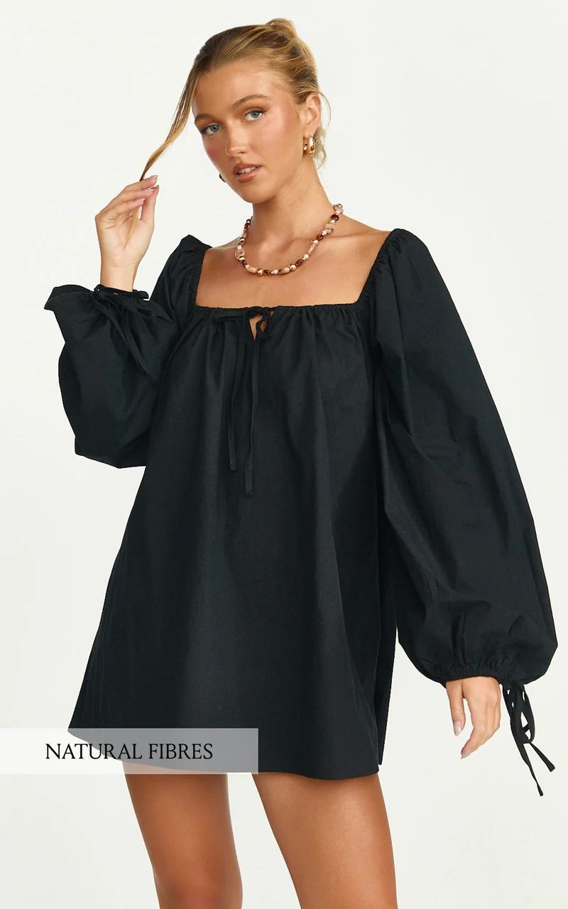 Brixton Mini Dress - Square Neck Smock Dress in Black