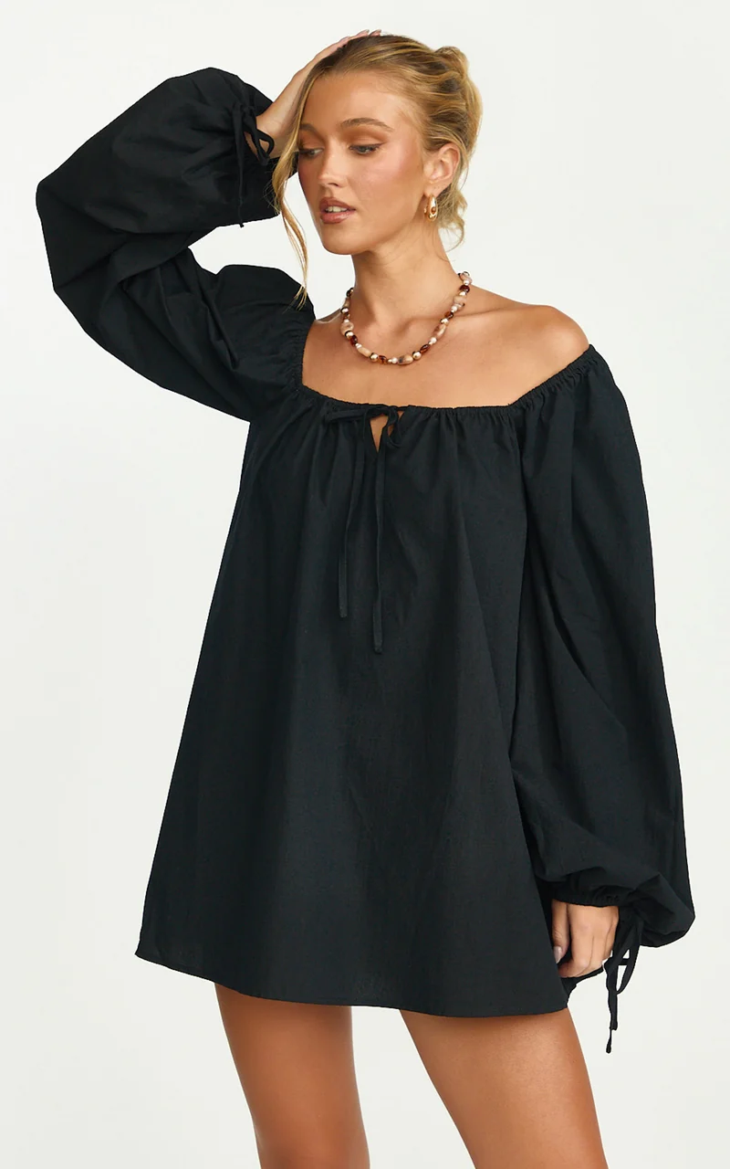 Brixton Mini Dress - Square Neck Smock Dress in Black
