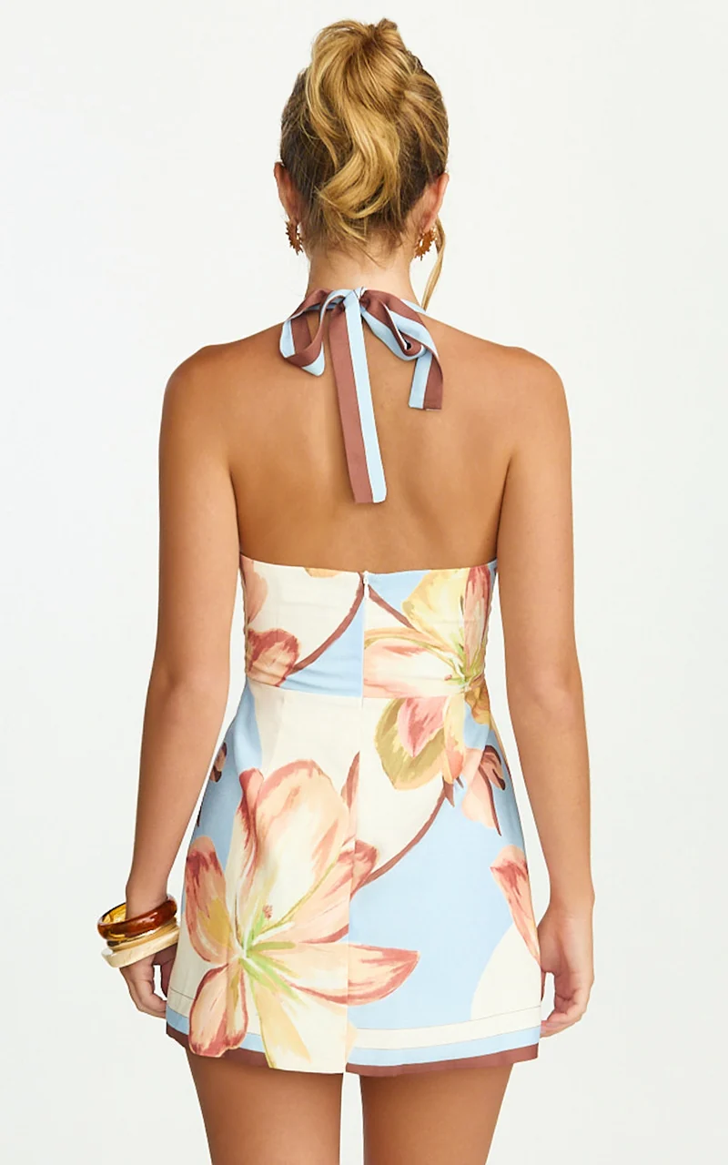 Robyn Mini Dress - Square Neck Halter Neck Faux Wrap Dress in Retro Flower Print