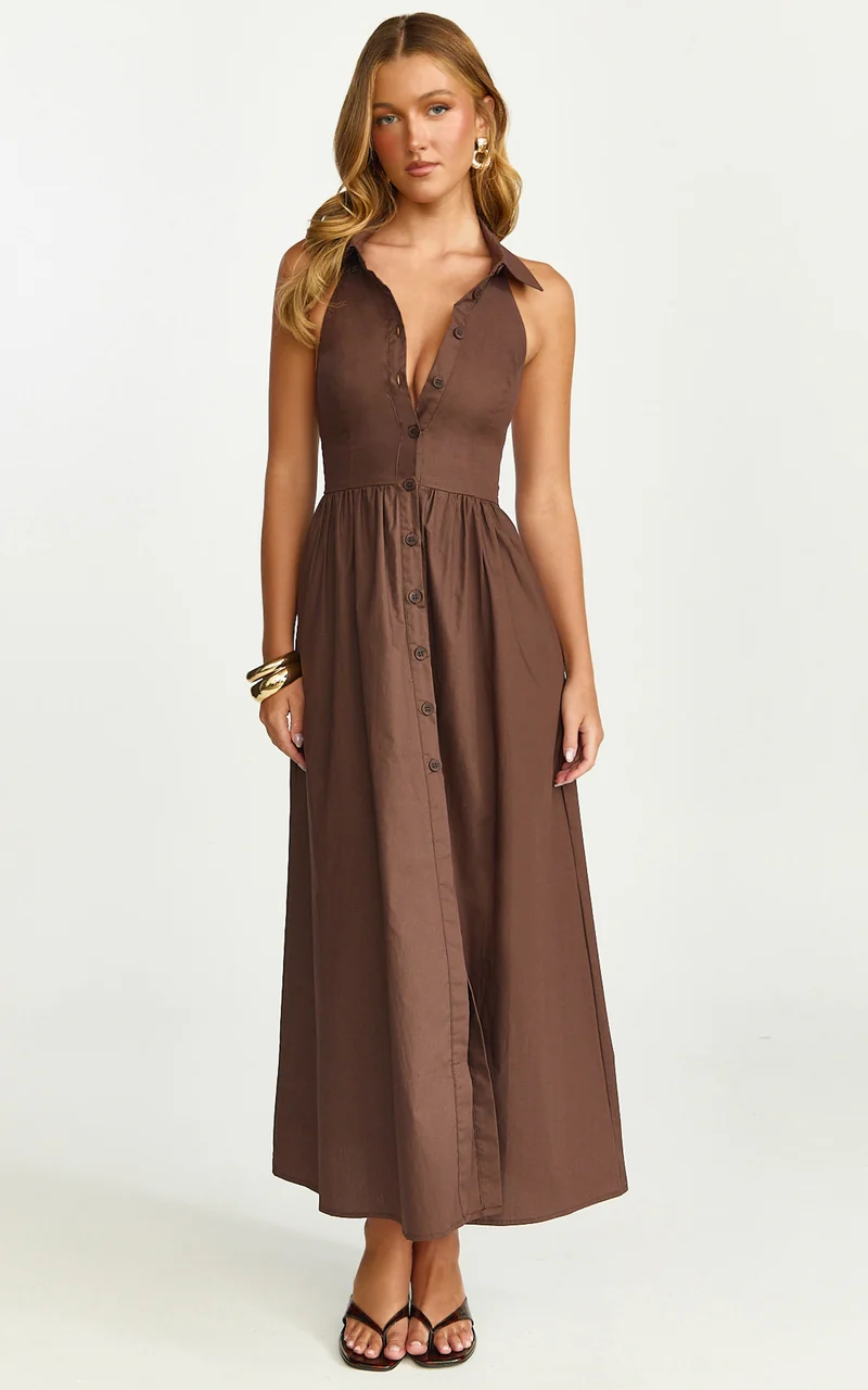 Ruby Midi Dress - Collared Button Down Gathered Waist Skirt Fit And Flare Dress in Dark Chocolate