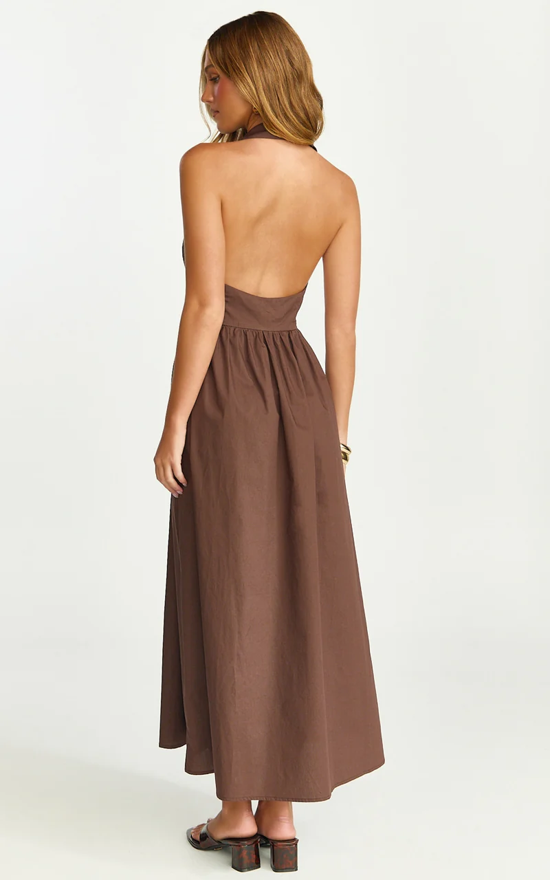 Ruby Midi Dress - Collared Button Down Gathered Waist Skirt Fit And Flare Dress in Dark Chocolate