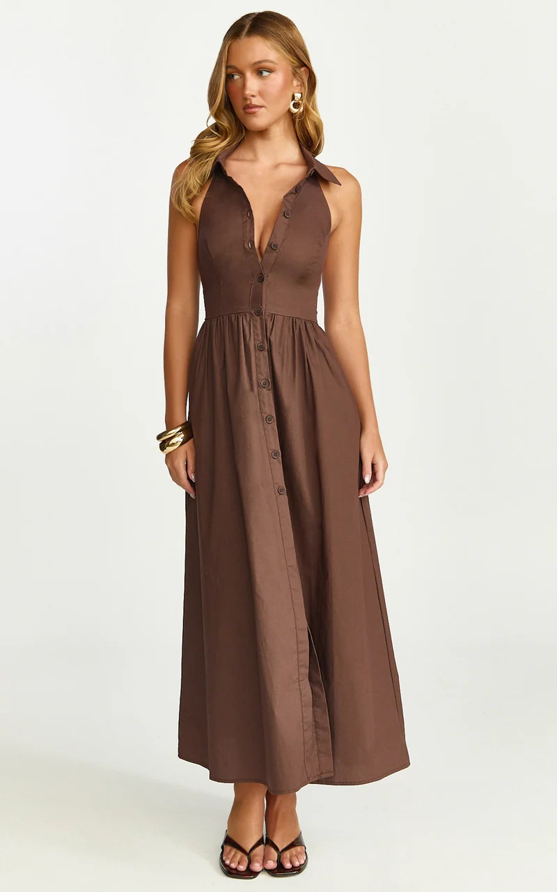 Ruby Midi Dress - Collared Button Down Gathered Waist Skirt Fit And Flare Dress in Dark Chocolate
